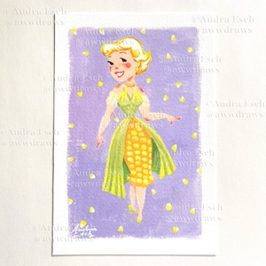 May include: Watercolor illustration of a woman in a green and yellow dress, resembling corn. The background is lavender with yellow corn-shaped accents. The artwork is signed "Audra Esch @awwdraws".