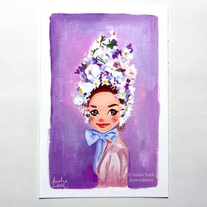 May include: A painting of a woman adorned with a floral headdress, a blue bow, and a pink dress, set against a purple backdrop. The artist's signature "Audra Esch" and Instagram handle "@awwdraws" are visible.