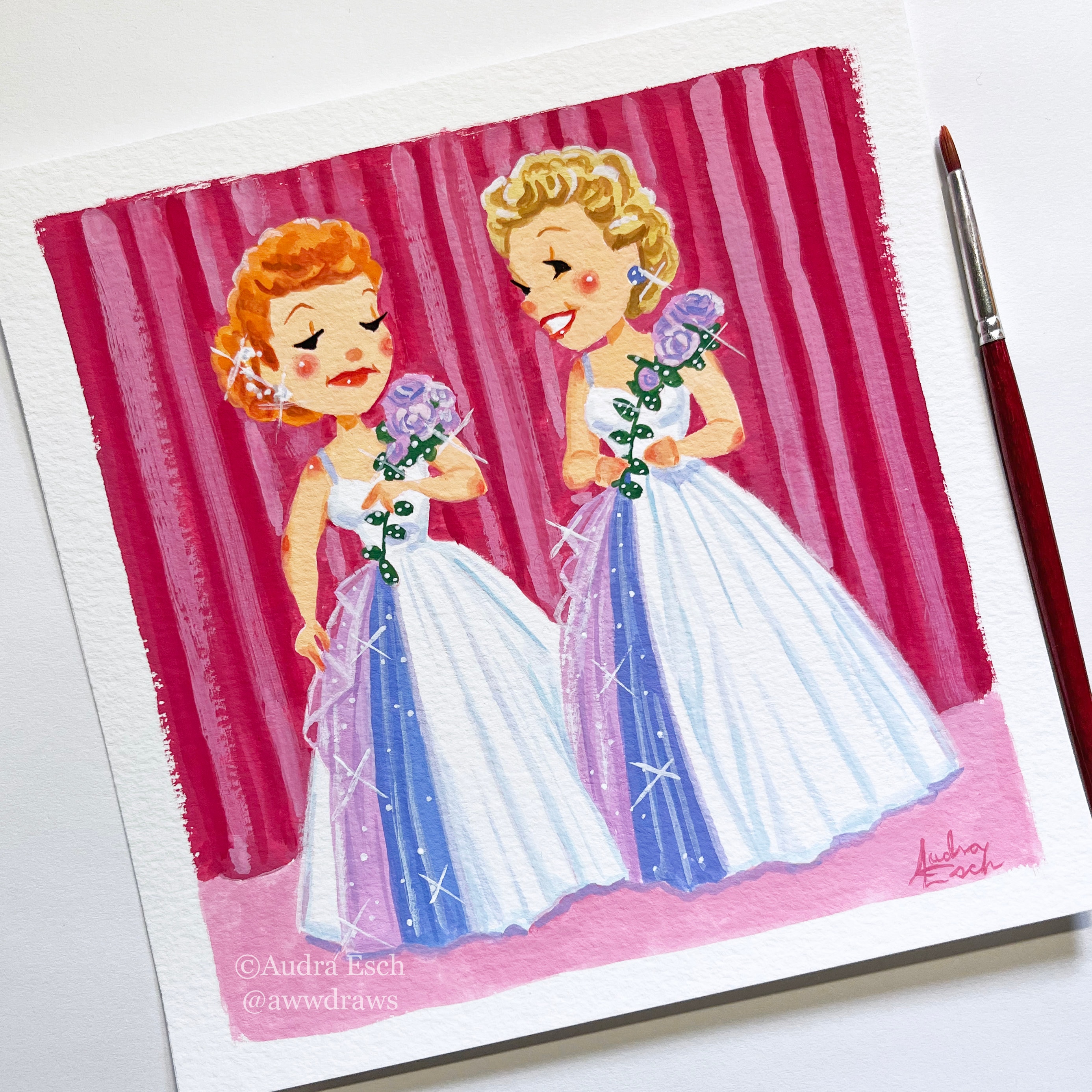 I Love Lucy - Lucy and Ethel Singing Friendship - 6 x 6 inches - Original Gouache Painting
