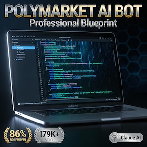 May include: A MacBook Pro laptop displays code on its screen, with the text "POLYMARKET AI BOT Professional Blueprint" at the top. The image includes the text "86% ROI PROVEN" and "179K+ Chars". The Claude AI logo is also visible.