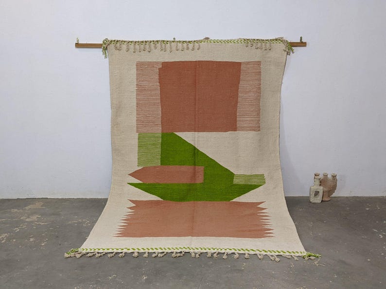 Triangle Guide Rods Green Terracotta Kilim Rug, Handwoven Wool Geometric Carpet, Modern ...