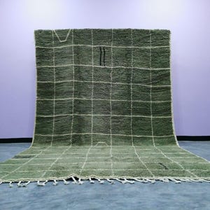 May include: A large, olive green rug with a grid pattern of white lines. The rug has a textured surface and a fringe along the bottom edge. Two vertical black lines are near the centre of the rug.