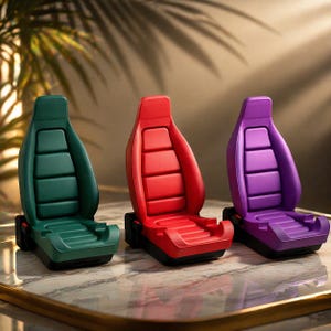 May include: Three miniature car seat models in green, red, and purple. Each seat has a black base and a detailed design with horizontal padded sections. The seats are displayed on a marble-like surface.