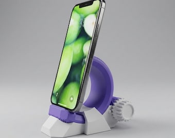 Fichier STL avec support réglable pour téléphone à engrenages | Support de bureau mécanique à crémaillère |