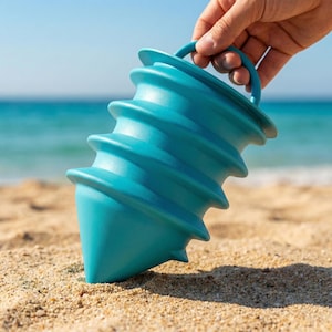 May include: A turquoise beach umbrella anchor with a spiral design and a handle. The anchor is made of plastic and is designed to be screwed into the sand. The background shows a sandy beach and the ocean.