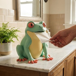 May include: A whimsical frog-shaped tissue holder. The frog is light green with a yellow belly and orange eyes and feet. The tissue is being pulled from the frog's mouth. The holder is on a white countertop.