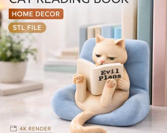 Evil Plans Cat Desk Organizer STL  File — 3D Print Grumpy Cat Reading Figurine Decor