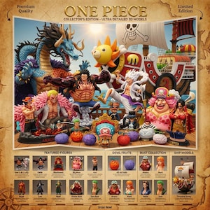 May include: A promotional image for a One Piece collector's edition featuring detailed 3D models. The image showcases various character figures, devil fruits, bust collections, and ship models. The color palette includes vibrant hues, with a focus on the characters and the iconic Thousand Sunny ship.