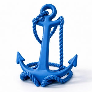 May include: A vibrant blue anchor with a rope wrapped around it. The anchor is a solid, nautical-themed decoration. The rope is a darker shade of blue, adding contrast to the design. The anchor's flukes are pointed, and the stock has a rounded top.