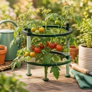 Peut inclure: Un plant de tomates avec des feuilles vertes et des tomates rouges et jaunes est soutenu par une cage à plantes en métal vert foncé. La cage a deux niveaux circulaires et des supports verticaux. La plante est sur une surface en bois.