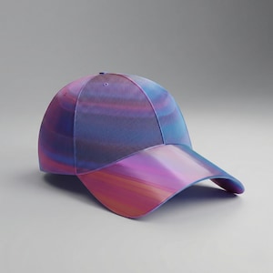 May include: A baseball cap with a vibrant, swirling pattern of blue, purple, and pink hues. The cap features a curved brim and a structured crown, offering a modern and stylish accessory.