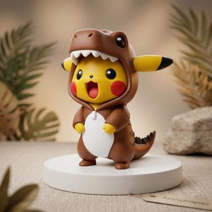 Op de afbeelding: Een gele Pikachu-figuur in een bruin dinosauruspak met een witte buik en staart. De figuur heeft rode wangen en zwarte ogen. Hij staat op een witte, cirkelvormige basis.