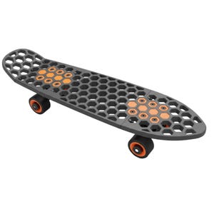 May include: A gray skateboard with a honeycomb pattern and orange accents. The wheels are black with orange centers. The deck features orange hexagonal designs. This skateboard is designed for recreational use.