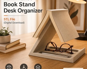 Fichier STL d'organisateur de bureau avec support de livre minimaliste (téléchargement numérique)