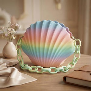 Puede incluir: Bolso con forma de concha marina en colores arcoíris, incluyendo rosa, azul, amarillo y verde. El bolso tiene una correa de cadena verde claro. El bolso está sobre una superficie de madera.