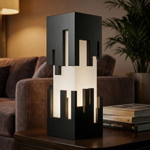 Op de afbeelding: Een moderne zwarte tafellamp met een geometrisch ontwerp. De lamp heeft een rechthoekige vorm met uitgesneden secties die een wit interieur onthullen. De lamp staat op een houten tafel naast een bank en boeken.