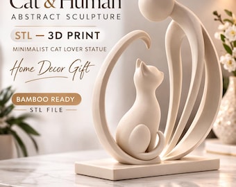 Cat & Human Abstract Sculpture STL — 3D Print Minimalist Cat Lover Statue Home Decor