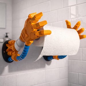 May include: A unique orange and blue robotic hand toilet paper holder mounted on a white tiled wall. The hand is holding a roll of white toilet paper. The holder has a black mounting plate.