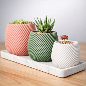 Op de afbeelding: Drie decoratieve keramische plantenpotten in roze, groen en wit, elk met een vetplant. De potten hebben een spiraalvormig groefpatroon en staan op een rechthoekige marmeren tray. De planten zijn omgeven door kleine kiezels.