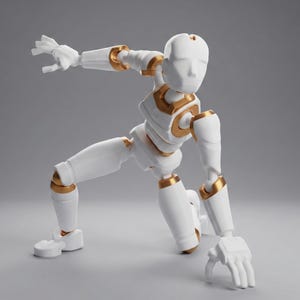 Puede incluir: Una figura articulada blanca con detalles dorados en las articulaciones y el torso, en una pose dinámica. La figura está arrodillada con una mano en el suelo y la otra extendida, sugiriendo movimiento. El diseño es limpio y moderno.