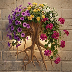 May include: A wall-mounted planter shaped like a tree trunk and roots, filled with vibrant purple petunias, yellow flowers, white jasmine, and pink geraniums. The planter is made of a light brown material and is mounted on a brick wall.