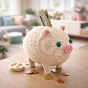 Könnte beinhalten: Eine handgefertigte, cremefarbene Sparschwein-Spardose aus Häkelarbeit mit rosa Akzenten an Ohren und Schnauze. Das Sparschwein hat blaue Knopfaugen und einen Schlitz zum Einwerfen von Geld. Mehrere Münzen und eine Holzscheibe liegen verstreut.