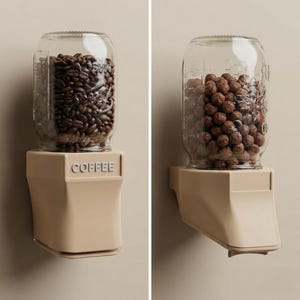 May include: Two wall-mounted coffee dispensers. Each dispenser has a clear glass jar with a Mason jar design, mounted on a beige holder. One jar is filled with coffee beans, the other with cereal. The word "COFFEE" is embossed on the holder.