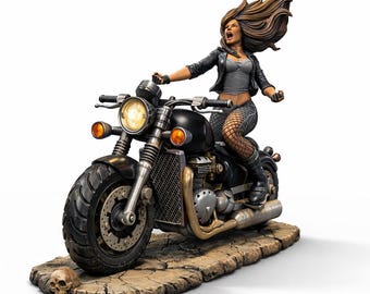 Biker Woman Statue STL File— 3D Print Female Rider Motorcycle Diorama