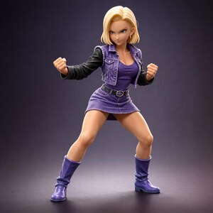 May include: A figurine of Android 18 from Dragon Ball Z. The figure is in a dynamic pose, wearing a purple outfit with a denim jacket and boots. The figure has blonde hair and is set against a dark background.