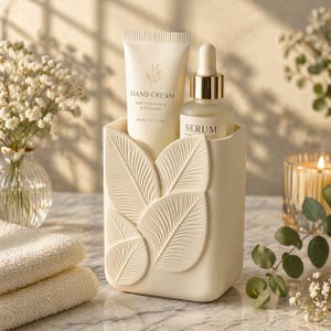 May include: A cream-coloured decorative container with a leaf design, holding a tube of hand cream and a serum bottle. The hand cream tube reads "Hand Cream Moisturizing & Softening". The serum bottle has a gold cap and reads "Serum".