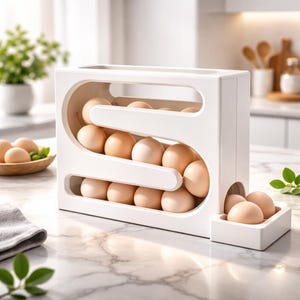 May include: A white egg storage container with a curved design, holding multiple brown eggs. A small tray at the bottom holds additional eggs. The container is on a marble countertop, with a plant in the background.