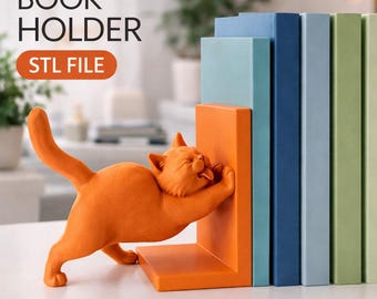 Cat Bookend STL — 3D Print Pushing Cat Book Holder Funny Shelf Decor Lover Gift
