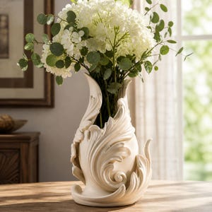 Può includere: Un vaso decorativo color crema con un design a foglie dettagliato, che contiene fiori bianchi e fogliame verde. Il vaso ha una forma curva e poggia su un tavolo di legno. Lo sfondo include una finestra e un quadro incorniciato.