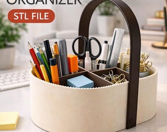 Desk Organizer Caddy STL — 3D Print Portable Stationery Holder with Handle Dividers Bambu Ready