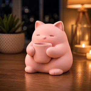 Puede incluir: Una figura de cerámica rosa mate con forma de gato redondeado y ojos cerrados, que sostiene una pequeña taza cilíndrica entre sus patas. El gato tiene orejas puntiagudas y una superficie lisa de color sólido, diseñada como soporte.