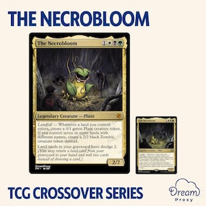 Puede incluir: La carta coleccionable The Necrobloom de la serie TCG Crossover presenta una criatura planta legendaria con borde dorado, fuerza y resistencia de 2/7. La ilustración muestra un monstruo vegetal en un bosque oscuro con dos figuras.