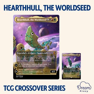 Puede incluir: Una carta coleccionable titulada Hearthhull, the Worldseed, que muestra una criatura verde segmentada similar a un insecto flotando en una nebulosa espacial púrpura junto a criaturas beige más pequeñas. Texto: Legendary Artifact - Spacecraft.