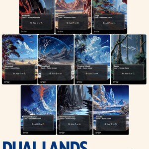 May include: A collection of ten rectangular game cards titled Dual Lands, each featuring distinct science fiction landscape illustrations. The cards include Badlands, Plateau, Taiga, Savannah, Scrubland, Tropical Island, Bayou, Volcanic Island, Underground Sea, and Tundra, with text indicating land types and mana symbols.