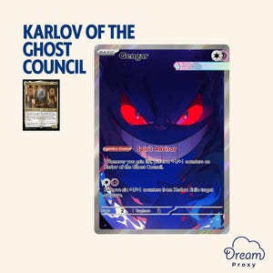 May include: A trading card featuring Gengar, a purple ghost-type Pokémon with red eyes and a wide grin. The card is labeled "Basic" and "Legendary Creature Spirit Advisor." The text "KARLOV OF THE GHOST COUNCIL" is at the top.