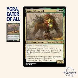 Puede incluir: Una carta de Magic: The Gathering con "Ygra, Eater of All", una Criatura Legendaria - Gato Elemental. La carta tiene un esquema de color verde y dorado con una ilustración de una criatura parecida a un león. El texto de la carta es visible.