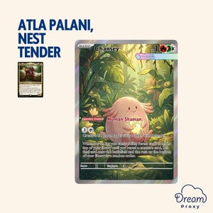 Peut inclure: Une carte à collectionner représentant une créature rose nommée Chansey, tenant un œuf, dans une jungle verdoyante. La carte comprend du texte tel que "Human Shaman" et "Create a 0/1 green Egg creature token with defender."