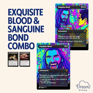 Op de afbeelding: Afbeelding van een combo set Magic: The Gathering kaarten. De set bevat "Exquisite Blood" en "Sanguine Bond" kaarten, met levendige, kleurrijke illustraties. De tekst "EXQUISITE BLOOD & SANGUINE BOND COMBO" is prominent aanwezig.