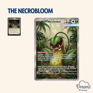 Puede incluir: Una carta coleccionable que presenta una criatura vegetal verde y amarilla con una gran boca abierta, rodeada de follaje selvático. La carta se titula "Dark Victreebel" e incluye texto descriptivo. El texto "THE NECROBLOOM" está en la parte superior.