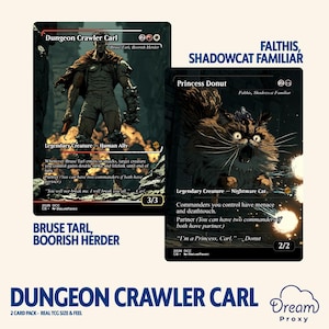 Könnte beinhalten: Zwei Sammelkarten mit Charakteren aus Dungeon Crawler Carl. Eine Karte zeigt einen muskulösen Mann mit der Aufschrift Dungeon Crawler Carl, Bruse Tarl, Boorish Herder. Die andere Karte zeigt eine flauschige Katze namens Princess Donut, Falthis, Shadowcat Familiar.