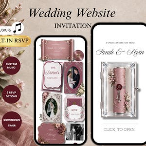 Könnte beinhalten: Zwei Smartphones zeigen eine digitale Hochzeitswebsite-Einladung. Die Bildschirme zeigen altrosa Karten, florale Akzente und Text, darunter Wedding Website, Invitation, Sarah & Kevin, The Details, RSVP und Click to Open.