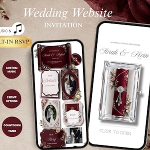 Könnte beinhalten: Zwei Smartphones zeigen eine digitale Hochzeitswebsite-Einladung in einem tiefen Burgunderrot und Weiß. Die Bildschirme enthalten Text wie Wedding Website, Invitation, Sarah & Kevin und RSVP, ergänzt durch florale Akzente und verschiedene Fotos.