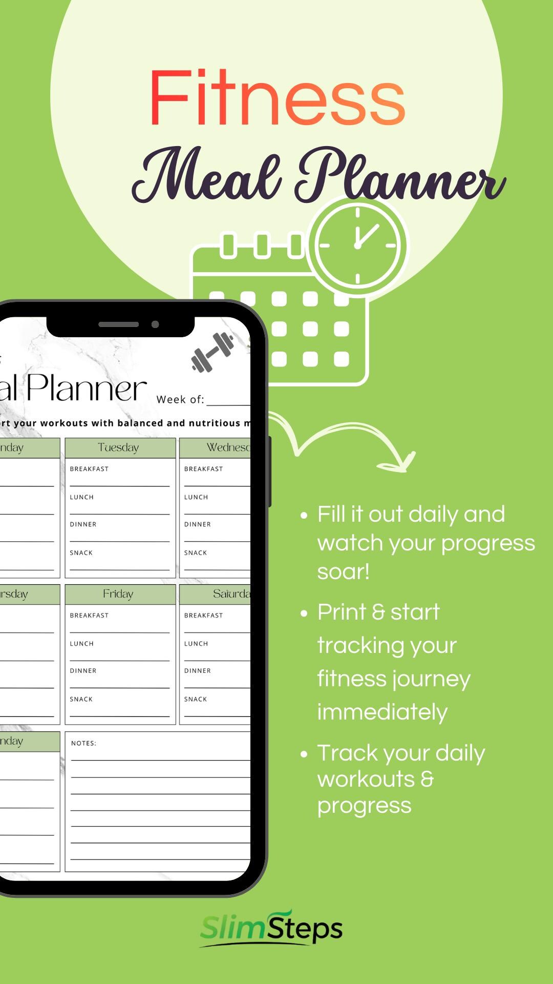 Fitness Weekly Meal Planner Printable (PDF), Workout Diet Food ...