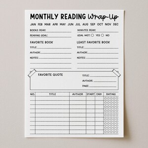 May include: A white paper reading tracker sheet with black text titled MONTHLY READING Wrap-Up. It includes sections for books read, minutes, goals, favorite and least favorite books, a favorite quote box, and a table for tracking book details.
