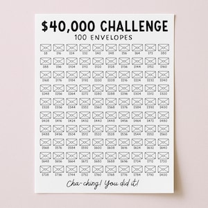 Könnte beinhalten: Ein weißes Papier mit dem Text "$40.000 CHALLENGE" und "100 ENVELOPES" oben. Darunter 100 Umschlagillustrationen mit steigenden Dollarbeträgen. Der Satz "Cha-ching! You did it!" steht unten.