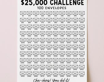 Może przedstawiać: Biały wykres wyzwania oszczędnościowego z tekstem "$25,000 CHALLENGE" i "100 ENVELOPES". Zawiera 100 ponumerowanych ilustracji kopert, z których każda reprezentuje kwotę oszczędności od $5 do $495. Na dole znajduje się fraza "Cha-ching! You did it!"